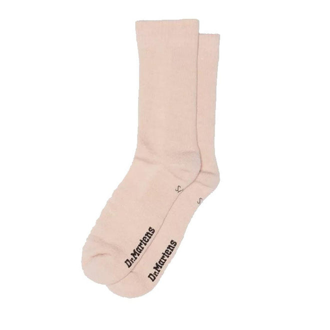 A pair of Dr Martens Double Doc Socks in Powder Pink with black branding near the toes, laid flat on a white background. These unisex padded socks provide comfort and subtle style., 190665728293, 190665728286