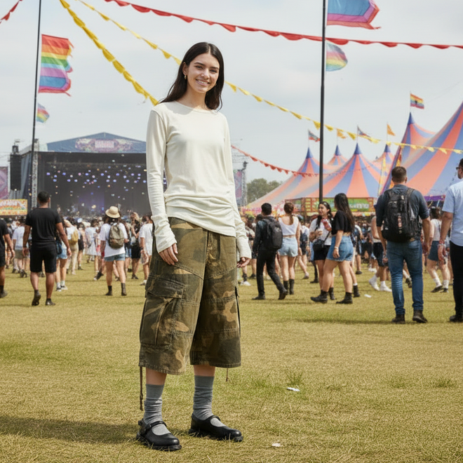 A woman in a white long-sleeve shirt, camo cargo shorts, striped socks, and Dr Martens Madaline Black Smooth Womens Slingback Mary Jane Shoes smiles at an outdoor music festival amid colorful tents and a lively crowd.