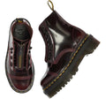 The Dr Martens Sinclair Cherry Red Arcadia Leather Platform Boot features high-shine leather, thick black soles, yellow stitching, and zipper closures, shown from top and side views., 51252, 190665278637, 190665278644, 190665278668, 51256