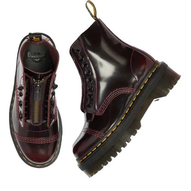 The Dr Martens Sinclair Cherry Red Arcadia Leather Platform Boot features high-shine leather, thick black soles, yellow stitching, and zipper closures, shown from top and side views., 51252, 190665278637, 190665278644, 190665278668, 51256