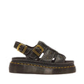 Dr Martens Wrenlie Flower Open Toe Black Milled Nappa Quad Sandal in black milled Nappa leather with a buckled slingback, cutouts, floral embossed details, and a thick Goodyear welted sole with yellow stitching.