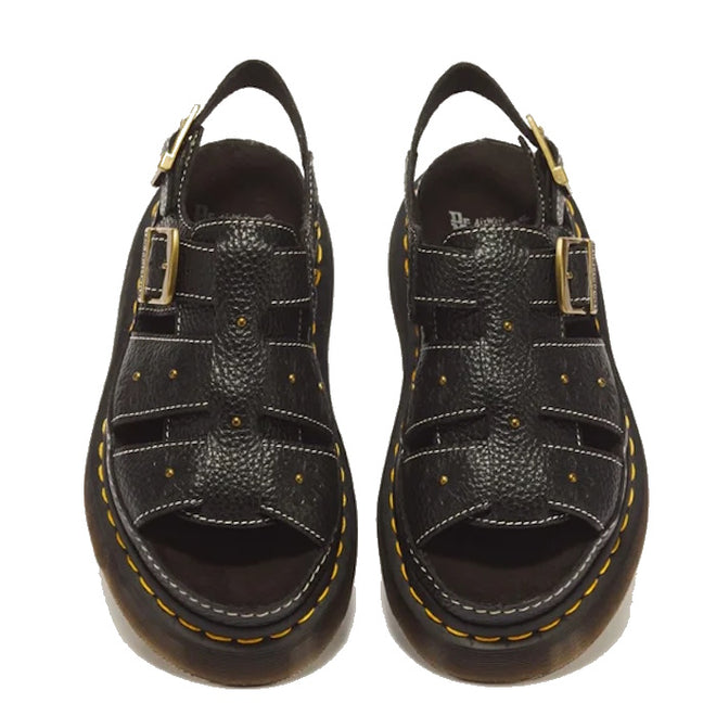 Dr Martens Wrenlie Flower Open Toe Black Milled Nappa Quad Sandals in black leather featuring gold-tone buckles, stud detailing, and yellow stitching along the Goodyear welted platform soles.