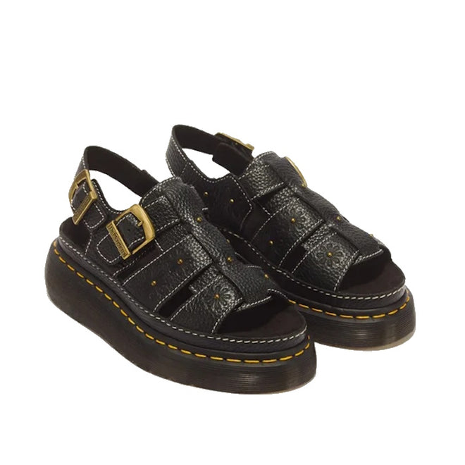 Dr Martens Wrenlie Flower Open Toe Black Milled Nappa Quad Sandal in milled Nappa leather, featuring brass buckles, a platform sole, and yellow stitching.