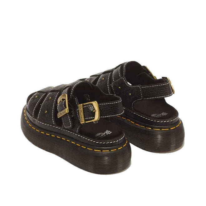Dr Martens Wrenlie Flower Open Toe Black Milled Nappa Quad Sandal featuring black open-toe fisherman straps with white stitching, buckle closures, and a thick lug sole with Goodyear welted construction.