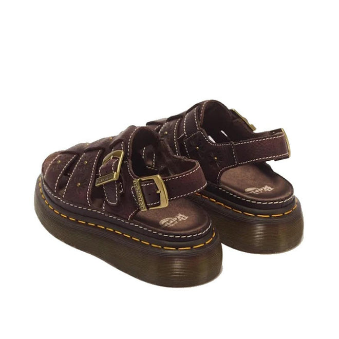 Dr Martens Wrenlie Flower Open Toe Dark Brown Grizzly Quad Sandals in dark brown leather featuring dual buckle straps, white stitching, and a platform Quad Shore sole with cutout details., 54784, 190665777352, 190665777369, 190665777383, 54788, 54789