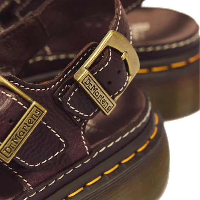 Dr Martens Wrenlie Flower Open Toe Dark Brown Grizzly Quad Sandal featuring dark brown Grizzly leather, an open-toe design, brass buckles, white contrast stitching, and yellow welt stitching on a Quad Shore sole., 54784, 190665777352, 190665777369, 190665777383, 54788, 54789