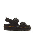 Dr Martens Zebzag Black Pisa Leather 3 Strap Sandal in black leather with three straps, a thick lugged sole, and yellow stitching.
