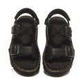 Dr. Martens Zebzag Black Pisa Leather 3 Strap Sandal featuring two adjustable buckled straps, a back heel strap, and yellow stitching along the air-cushioned soles.