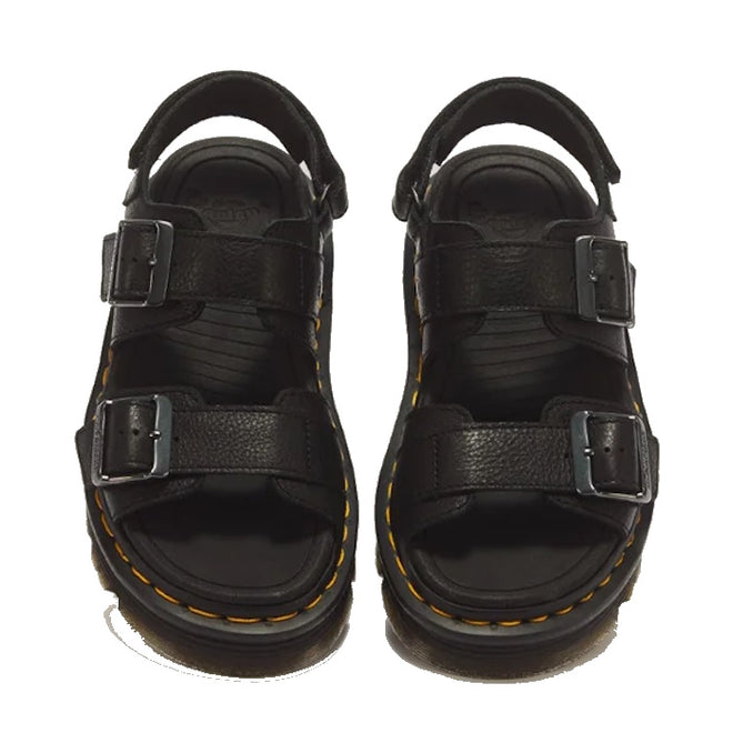 Dr. Martens Zebzag Black Pisa Leather 3 Strap Sandal featuring two adjustable buckled straps, a back heel strap, and yellow stitching along the air-cushioned soles.