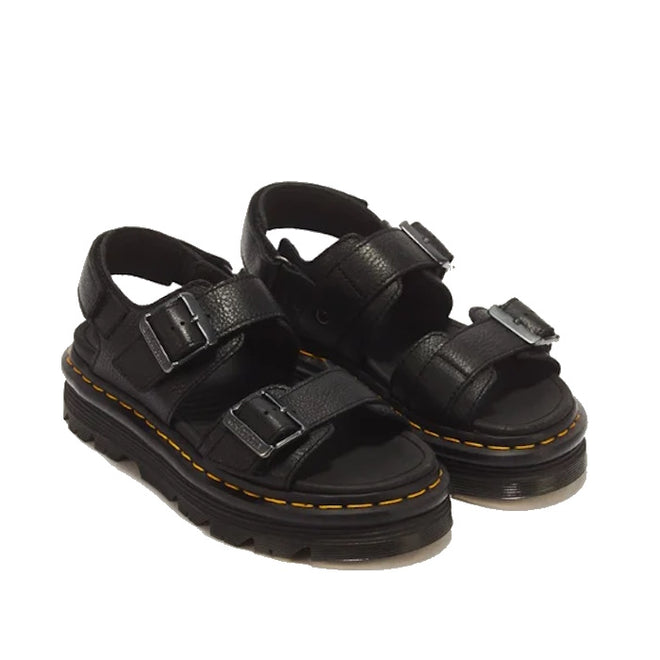Dr Martens Zebzag Black Pisa Leather 3 Strap Sandal in black leather with three straps, metal buckles, and yellow welt stitching on a thick, air-cushioned lugged sole.