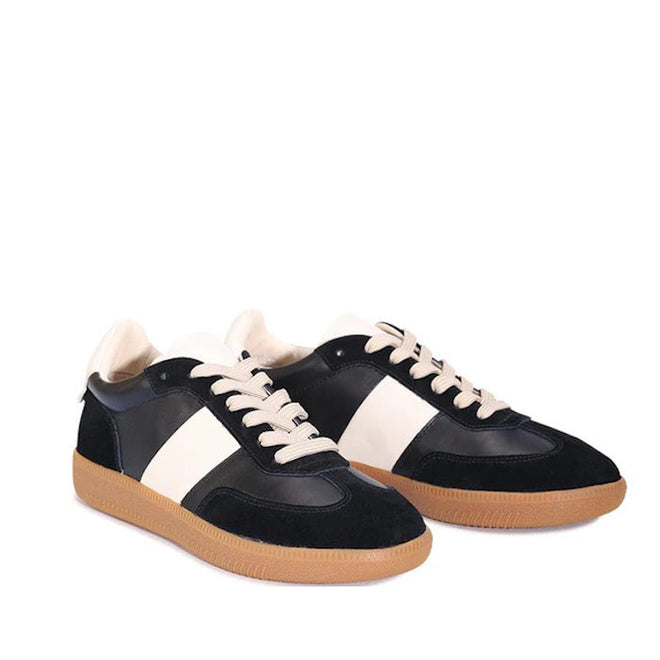 The EOS Antigo Black Leather Lace Up Trainer features white side panels, beige laces, a vintage gum sole, and a cushioned footbed, shown against a white background., 51636, 9321191255088, 9321191255095, 9321191255101, 9321191255118, 9321191255125, 51642