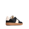 The EOS Antigo Black Leather Lace Up Trainer features a vintage gum sole, white laces, cushioned footbed, and a contrasting beige heel tab, shown against a white background., 51636, 9321191255088, 9321191255095, 9321191255101, 9321191255118, 9321191255125, 51642