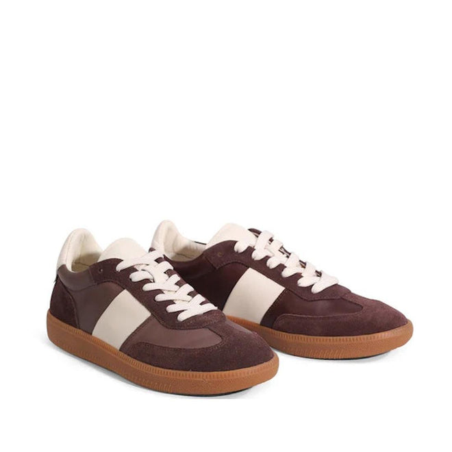 A pair of EOS Antigo Cacao Brown Leather Lace Up Trainers with white side panels, white laces, cushioned footbed, and tan rubber soles are shown side by side on a white background., 51643, 9321191255156, 9321191255163, 9321191255170, 9321191255187, 9321191255194, 51649