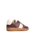 The EOS Antigo Cacao Brown Leather Lace Up Trainer is shown from the side and slightly behind, highlighting its brown and white suede leather panels, tan rubber sole, and cushioned footbed against a plain white background., 51643, 9321191255156, 9321191255163, 9321191255170, 9321191255187, 9321191255194, 51649