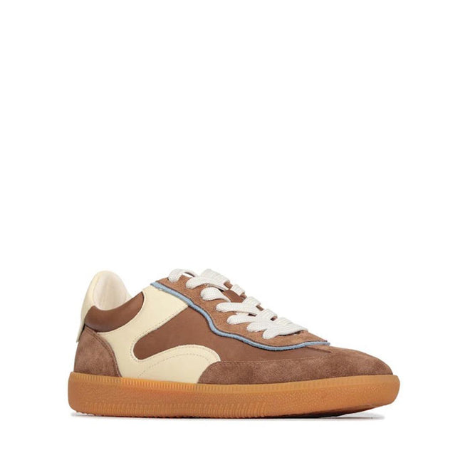 The EOS Antigona Pecan Leather Lace Up Trainer is a brown and cream low-top sneaker with a leather upper, suede panels, white laces, light brown rubber sole, and cushioned footbed. Shown from a side angle on a white background.