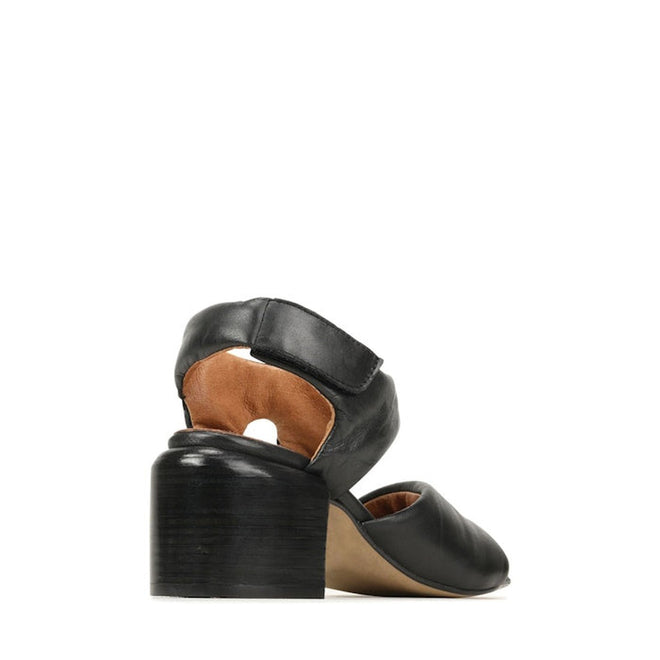 The EOS Charbel Black Leather Block Heel Womens Sandals are shown from the back, featuring a rounded block heel, enclosed heel counter, ankle strap, and tan interior lining., 41229, 9321191240237, 9321191240244, 9321191240251, 9321191240268, 9321191240275