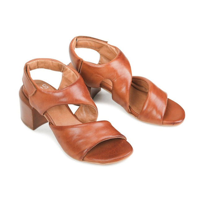 A pair of EOS Charbel Brandy Tan Leather Block Heel Women’s Sandals featuring wide crisscross straps and an open toe, displayed on a white background., 41235, 9321191240305, 9321191240312, 9321191240329, 9321191240336, 9321191240343