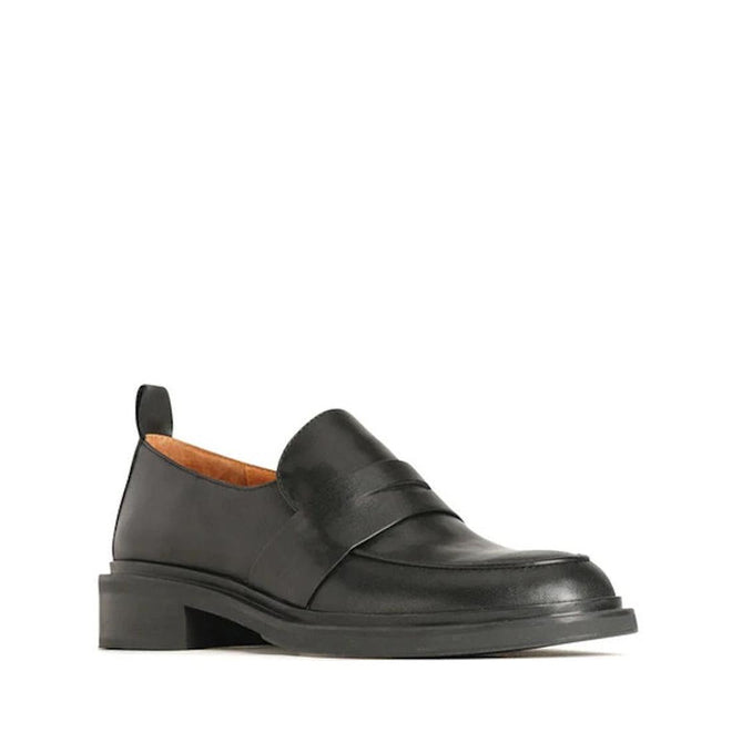 Black leather loafer shoe on a white background, right foot front side view