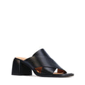 The EOS Iso Black Leather Heeled Sandal features an open toe, wide crisscross straps, a chunky mid-height block heel, and a tan insole, all in premium leather and shown on a white background., 9321191306735, 9321191306742, 9321191306759, 9321191306766, 9321191306773