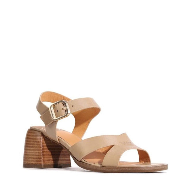 The EOS Isoken Desert Women's Leather Heeled Sandal features crisscross cashmere leather straps, an open toe, a block heel, and a gold buckle ankle closure, shown against a white background.