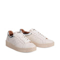 The EOS Jolie Bone Beige Womens Leather Trainer With Zip features white leather, beige soles, side perforations, metallic silver heel detail, and visible branding on the tongue—combining comfort, style, and versatility in one chic sneaker., 47242, 9321191308203, 9321191308210, 9321191308227, 9321191308234, 9321191308241, 47248