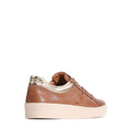 The EOS Jolie Pecan Leather Trainer With Zip is a brown low-top sneaker with a white sole and metallic gold heel accent, made from Italian Aniline Leather, shown angled from the back left against a white background., 47249, 9321191308418, 9321191308425, 9321191308432, 9321191308449, 9321191308456, 47255