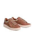 The EOS Jolie Pecan Leather Trainer With Zip is a comfortable low-top sneaker made from Italian Aniline Leather, featuring beige rubber soles, matching brown laces, subtle stitching details, and shown on a white background., 47249, 9321191308418, 9321191308425, 9321191308432, 9321191308449, 9321191308456, 47255