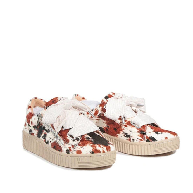 The EOS Jovi Texas Pony Leather Lace Up With Zip are low-top sneakers crafted from cashmere leather with chunky beige soles, large white laces, and a multicolored animal-print pattern in brown, black, and white., 51482, 9321190036015, 9321190036022, 9321190036039, 9321190036046, 9321190036053, 51488