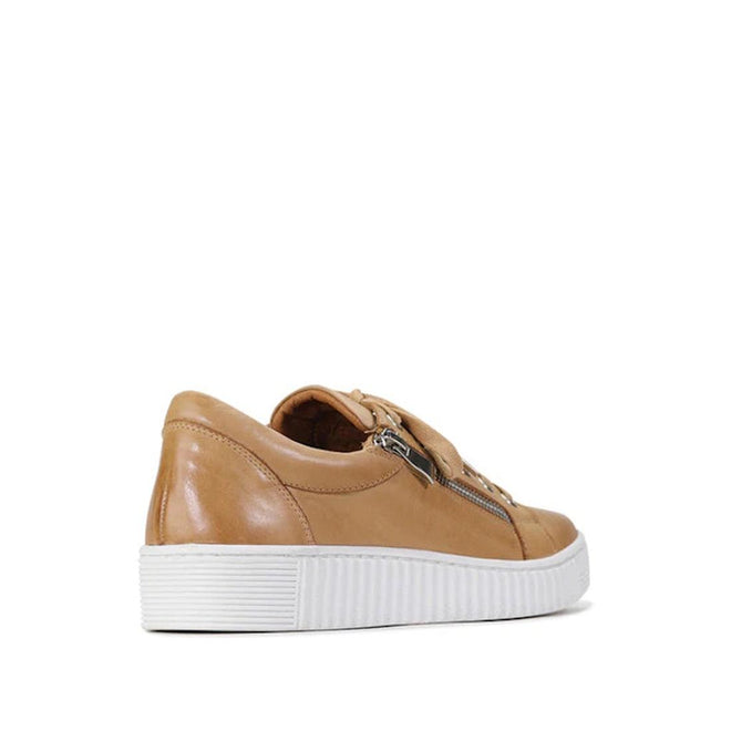 The EOS Joyce Tan Leather Trainer features premium Italian Aniline leather, a white textured sole, side zipper, lace-up front, anatomical insole, and rounded toe—shown angled against a plain white background., 52295, 52289, 52290, 52291, 52292, 52293, 52294