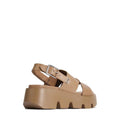 The EOS Kaily Womens Desert Leather Chunky Dressy Sandal features tan crisscross straps, a silver buckle, thick ridged wedge sole, and a back strap. Shown angled from the back on a white background, it effortlessly blends comfort and style., 47235, 9321191309118, 9321191309125, 9321191309132, 9321191309149, 9321191309156, 47241