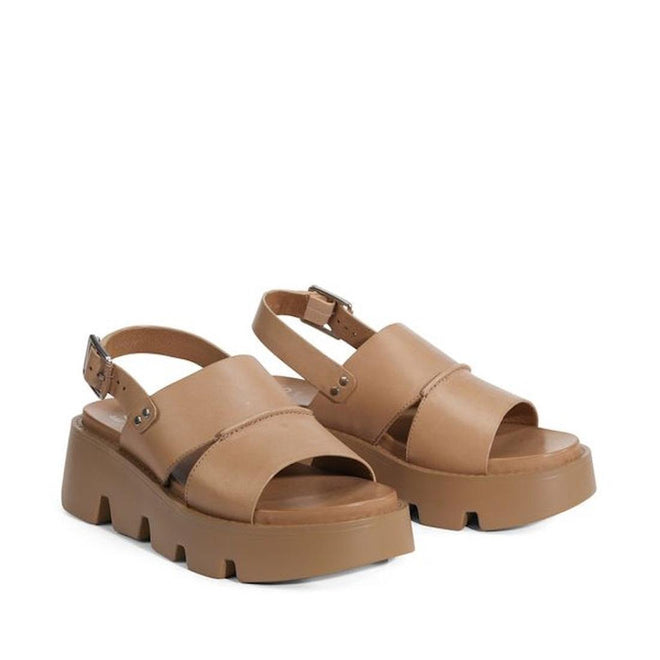 The EOS Kaily Women's Desert Leather Chunky Dressy Sandal features open toes, thick treaded soles, wide front straps, and adjustable ankle straps with buckles, shown against a white background., 47235, 9321191309118, 9321191309125, 9321191309132, 9321191309149, 9321191309156, 47241