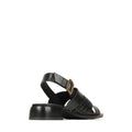 The EOS Laticia Black Leather Sandal features a mini block heel, woven strap detail, open toe, and an ankle strap with a gold buckle. Displayed against a white background., 41524, 9321191222943, 9321191222950, 9321191222967, 9321191222974, 9321191222981