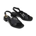 The EOS Laticia Black Leather Sandal for women features woven leather front straps, an open toe, a back strap with gold buckle, and mini block heels., 41524, 9321191222943, 9321191222950, 9321191222967, 9321191222974, 9321191222981