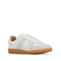 The EOS Melbaa White Leather Lace Up Trainer features white aniline leather, light gray suede accents, white laces, and a tan gum sole—offering a stylish update on the classic casual t-toe sneaker.