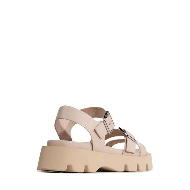 The EOS Monn Birch Women's Leather Buckle Sandal in beige features two adjustable buckle straps, an anatomical footbed, and a thick, grooved sole, shown from the back on a white background., 48019, 9321191311913, 9321191311920, 9321191311937, 9321191311944, 9321191311951, 48025