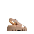 The EOS Monnis Taupe Women's Leather Sling Back Sandal features wide straps, a silver side buckle, a chunky textured sole with slight platform, and an anatomical footbed. Made from hand-burnished leather. Shown from back and side on white background., 47963, 9321191312408, 9321191312415, 9321191312422, 9321191312439, 9321191312446, 9321191312453