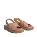 The EOS Monnis Taupe Women’s Leather Sling Back Sandal features wide crisscross straps, a slight platform with ridged soles, adjustable ankle straps with metal buckles, an anatomical footbed, and an open toe design. Displayed on a white background., 47963, 9321191312408, 9321191312415, 9321191312422, 9321191312439, 9321191312446, 9321191312453