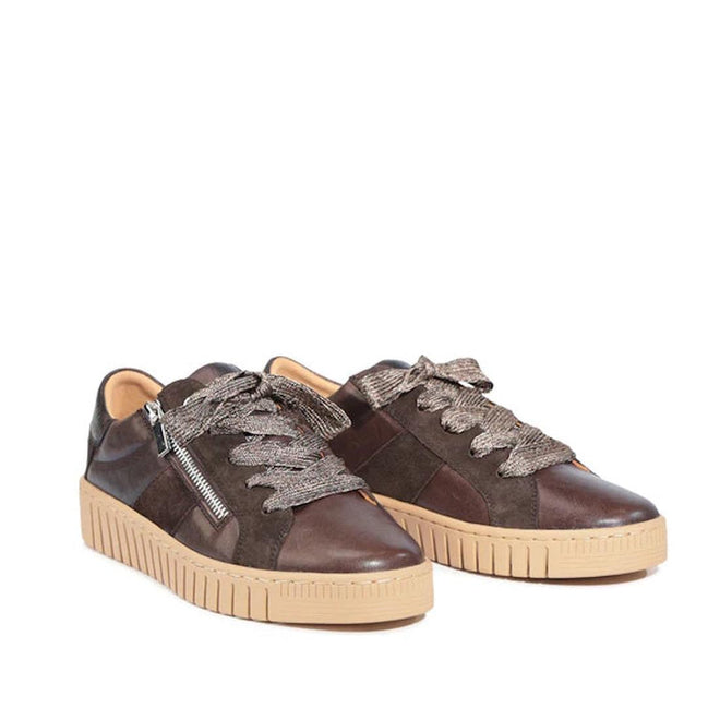 The EOS Tinah Mahogany Dark Brown Leather Trainer features a leather and suede upper, tan rubber soles, patterned laces, and a side zipper detail, shown on a white background., 51468, 9321190042108, 9321190042115, 9321190042122, 9321190042139, 9321190042146, 51474