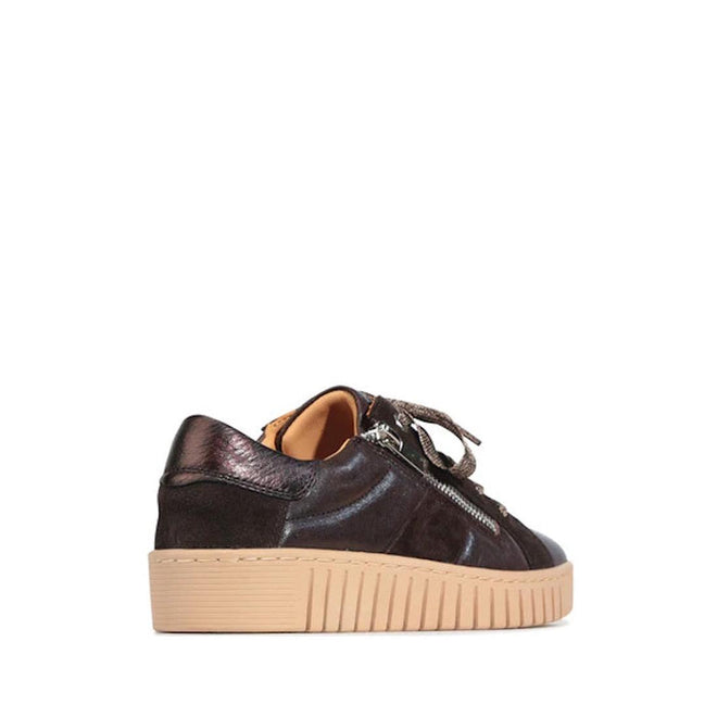 The EOS Tinah Mahogany is a dark brown leather trainer with suede and metallic accents, a side zipper, and a thick light tan rubber sole, shown from the back side angle., 51468, 9321190042108, 9321190042115, 9321190042122, 9321190042139, 9321190042146, 51474
