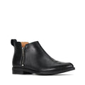 The EOS Zarina Black Leather Ankle Boot Double Zip features sleek black leather, double side zippers, a low stacked heel, pull tab at the back, and a slightly pointed toe for timeless minimalist style.