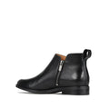 The EOS Zarina Black Leather Ankle Boot Double Zip features a low heel, twin zippers, and a back pull tab, displayed in side profile against a white background., 52296, 52297, 52298, 52299, 52300