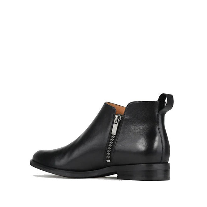 The EOS Zarina Black Leather Ankle Boot Double Zip features a low heel, twin zippers, and a back pull tab, displayed in side profile against a white background., 52296, 52297, 52298, 52299, 52300