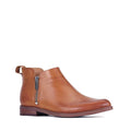 The EOS Zarina Brandy Leather Ankle Boot features double zip entry, a pull tab, low heel, and sleek minimalist design—stylish tan ankle boots displayed on a white background.