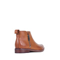The EOS Zarina Brandy Leather Ankle Boot features a low heel, double side zips, and a pull tab at the back. Shown from a rear side view against a plain white background., 52303, 52304, 52305, 52306, 52307