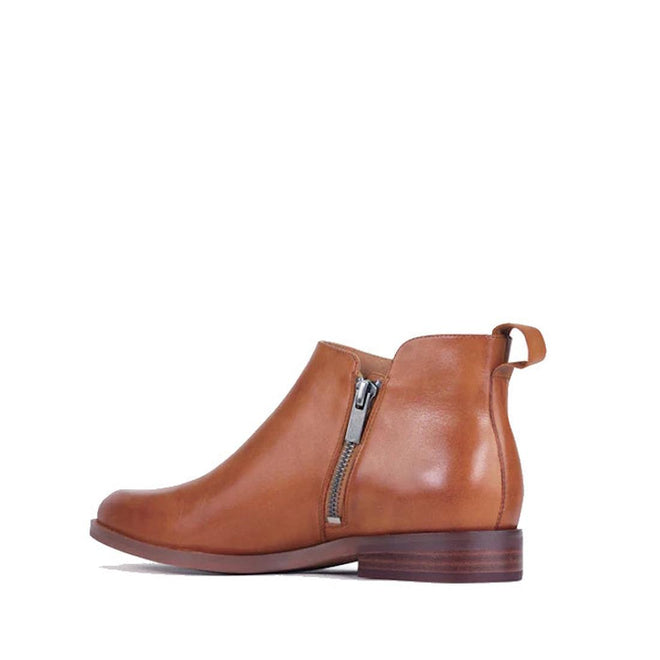 The EOS Zarina Brandy Leather Ankle Boot Double Zip features tan leather, a low wooden heel, double side zips, and a back pull tab. Shown in profile against a white background, it’s a classic choice for your leather shoe collection., 52303, 52304, 52305, 52306, 52307