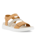 The Ecco Flowt Lion Women's Sandal in tan features beige fabric straps, a thick white sole, open toe and back, and is designed for casual wear. Enjoy lightweight comfort with this European-style sandal.