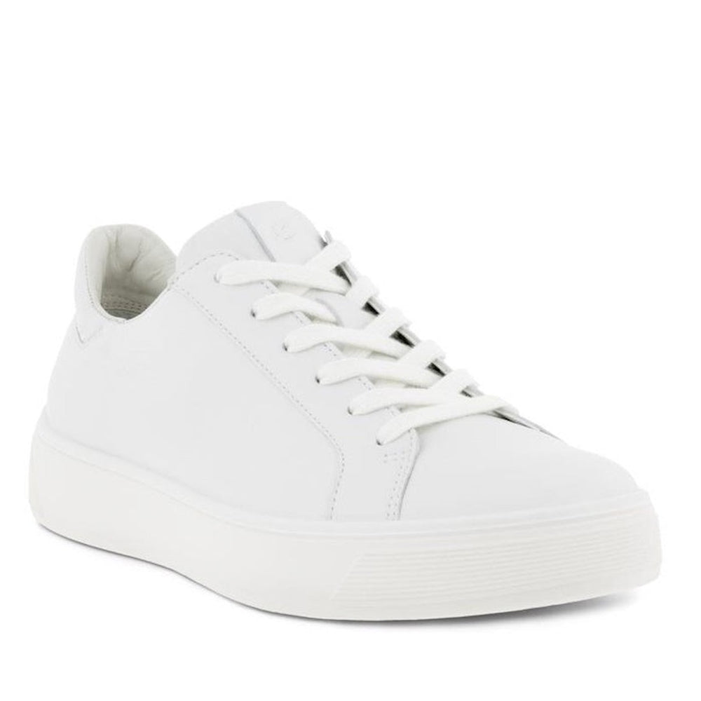 The Ecco Street Tray White Women's Leather Sneaker Clearance, featuring full-grain leather, white laces, and a thick white rubber sole, is shown at an angle against a plain white backdrop.