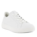 The Ecco Street Tray White Women's Leather Sneaker Clearance, featuring full-grain leather, white laces, and a thick white rubber sole, is shown at an angle against a plain white backdrop.