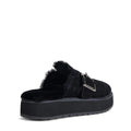 The Emu Womens Adison Black Sheepskin Wool Mule Slipper Scuff features a suede upper, plush faux fur lining, chunky sole, and a prominent silver buckle., 50710, 9330071990797, 9330071990803, 9330071990810, 50714, 50715