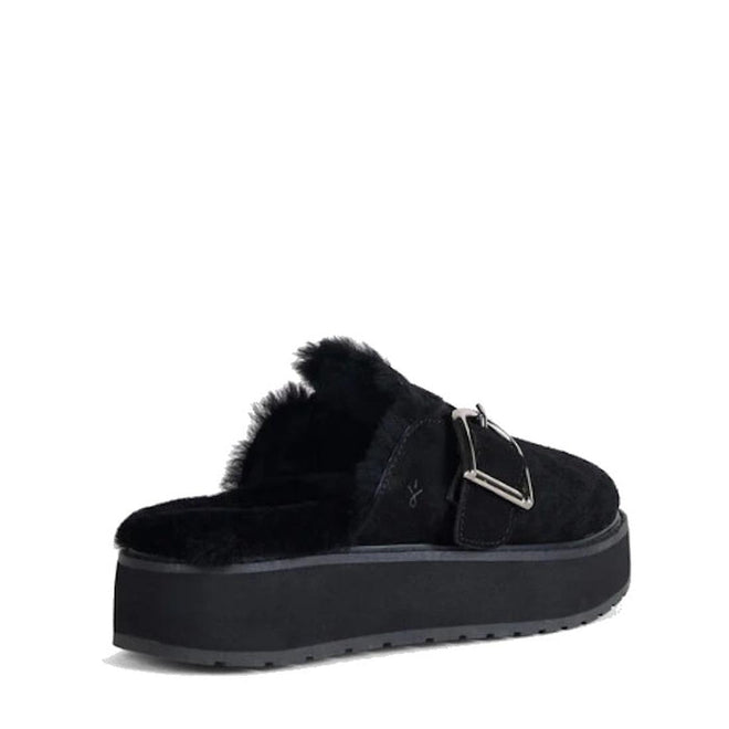 The Emu Womens Adison Black Sheepskin Wool Mule Slipper Scuff features a suede upper, plush faux fur lining, chunky sole, and a prominent silver buckle., 50710, 9330071990797, 9330071990803, 9330071990810, 50714, 50715